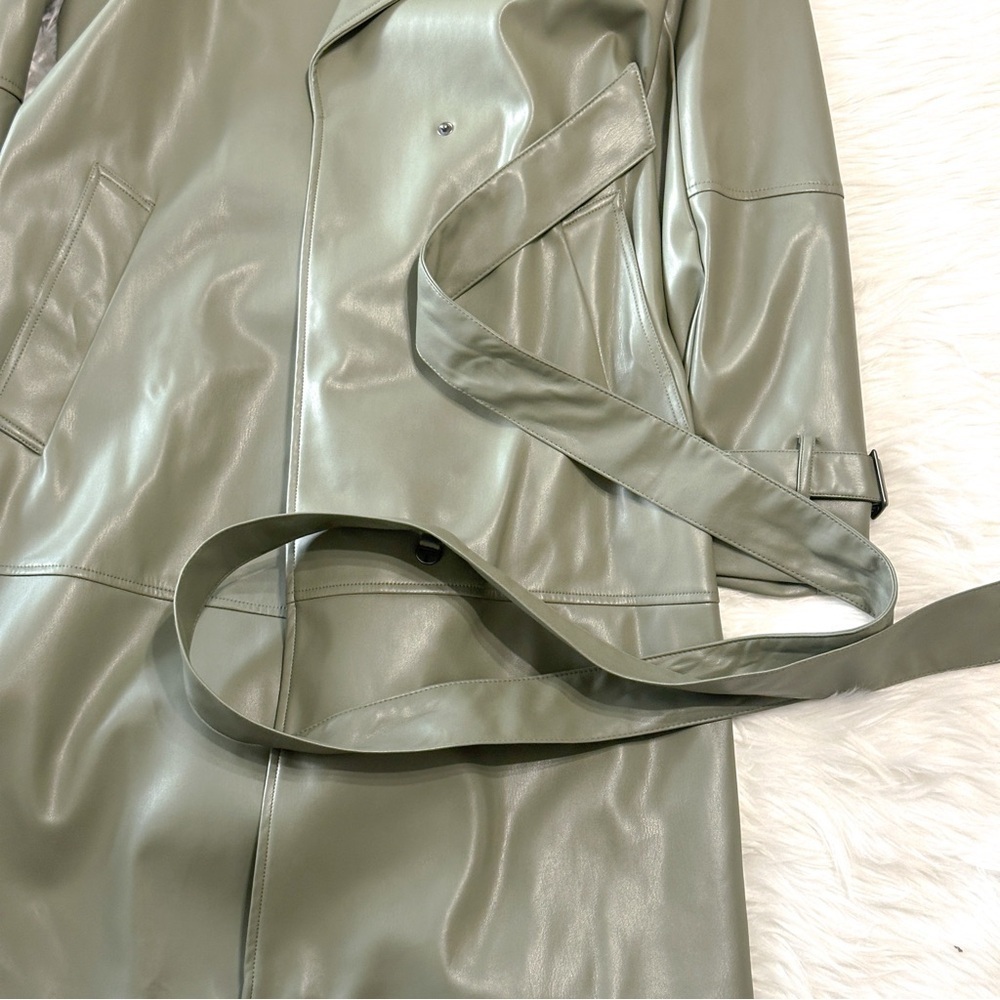 Elie Tahari Sage Green Vegan Leather Belted Trench Coat Large - Picture 10 of 10